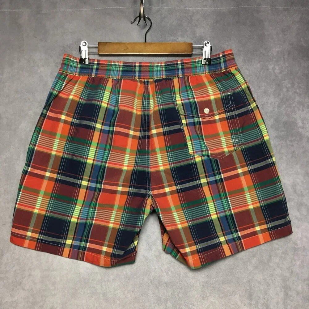 Polo RL Mens Plaid‎ Swim Trunk Shorts size Large Red Green Mesh Inner Briefs